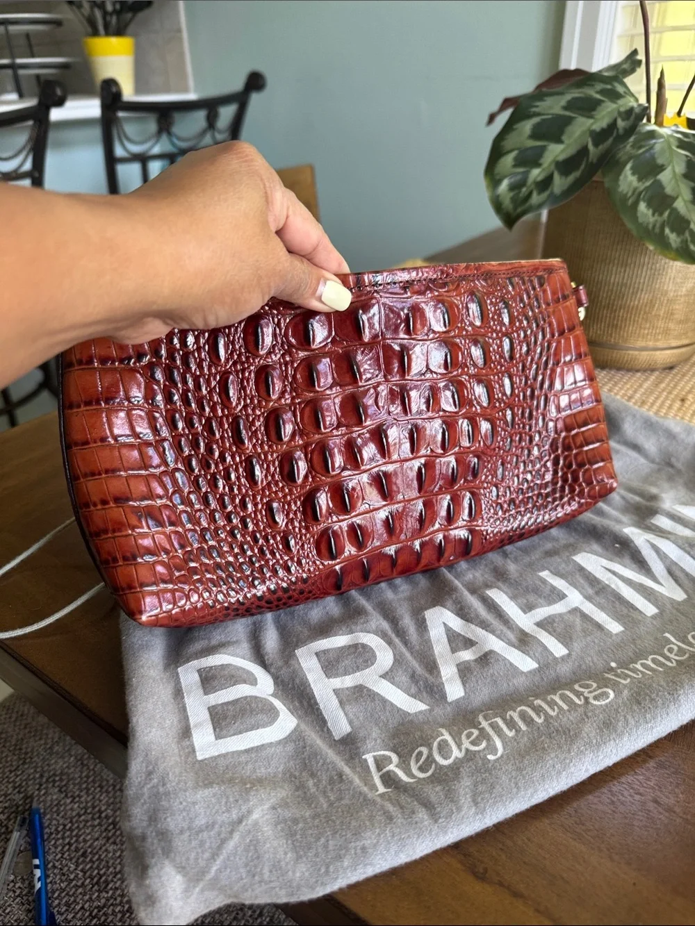 Brahmin Deep brown Croc-Embossed Leather Wristlet/ clutch bag